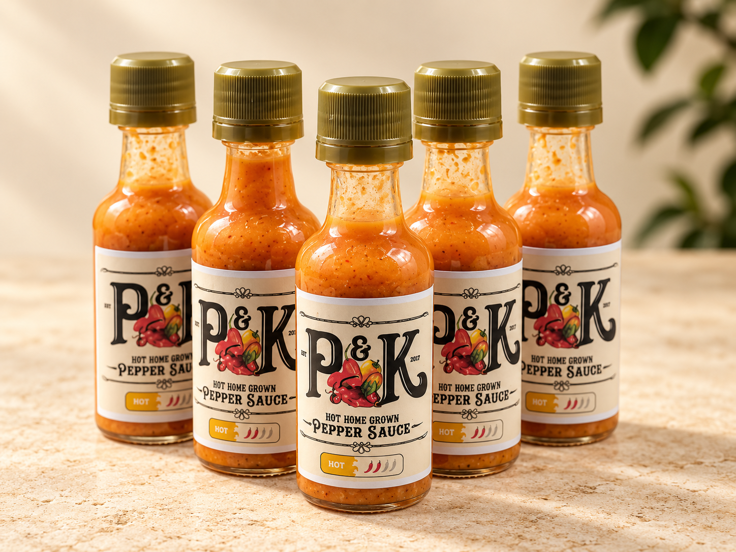 P&K pepper sauce bottles with gold caps and the original P&K labels